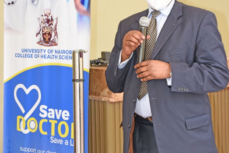College of Health Sciences Principal, Prof. James Machoki delivers his address during the launch of save a doctor save a life campaign. 