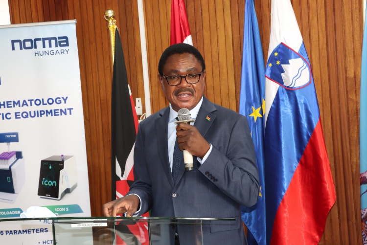 The Principal Secretary State Department for University Education and Research,  Amb. Simon Nabukwesi delivers his address during the event.