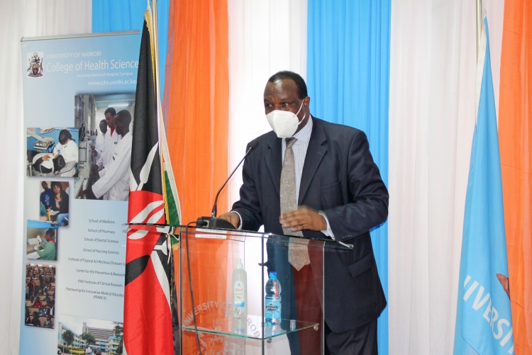 College of Health Sciences Principal, Prof. James Machoki delivers his address during the launch.