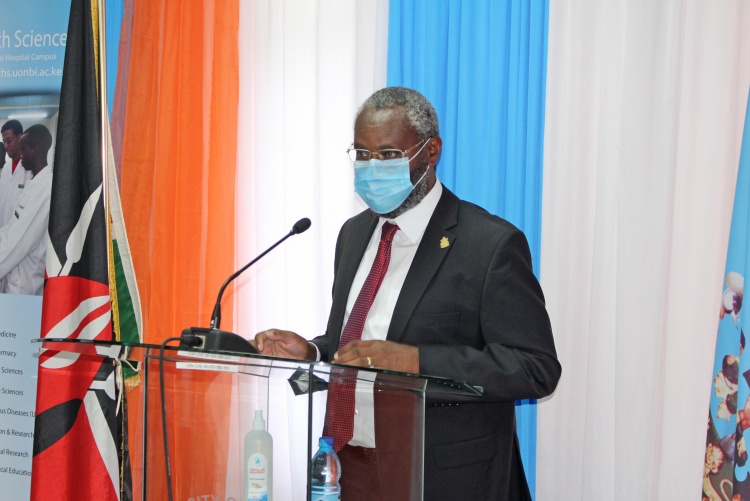 The University of Nairobi Vice Chancellor Prof. Stephen Kiama delivers his address during the launch.