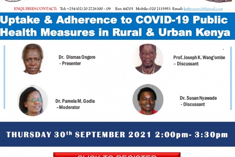 Uptake and adherence to COVID-19 public health measures in rural and urban Kenya webinar poster.