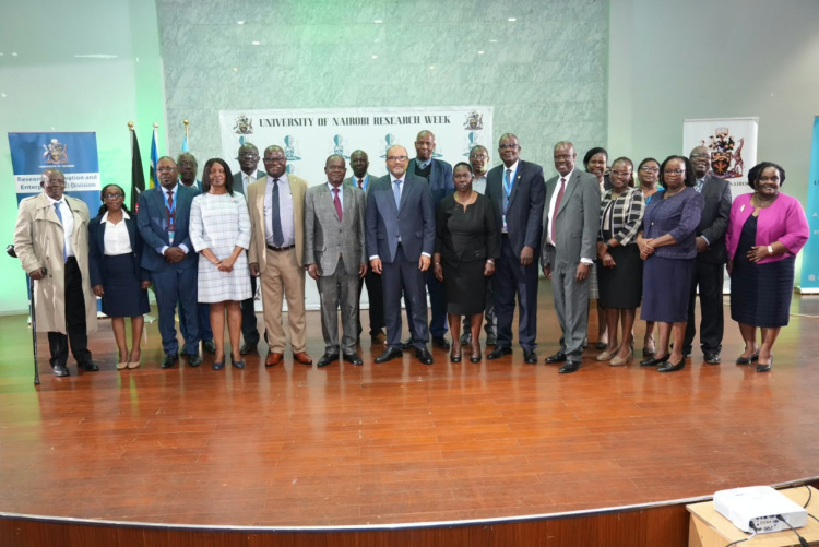 PS State Department for Science, Research and Innovation, Prof. Shaukat Abdulrazak, VC Prof. Ayub Gitau and UoN top administration pose for a photo at the Opening Ceremony of UoN Research Week at Chandaria Auditorium.