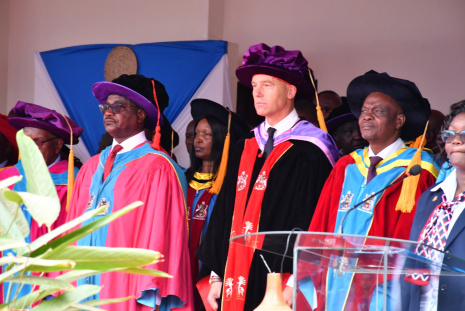 Education CS, Julius Ogambo, UoN Chancellor, Prof. Patrick Verkooijen and VC Prof. Ayub Gitau on the podium during UoN 75th Graduation Ceremony at the Chancellor’s Court.