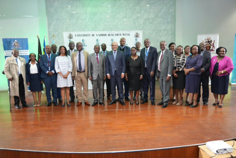PS State Department for Science, Research and Innovation, Prof. Shaukat Abdulrazak, VC Prof. Ayub Gitau and UoN top administration pose for a photo at the Opening Ceremony of UoN Research Week at Chandaria Auditorium.