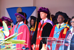 Education CS, Julius Ogambo, UoN Chancellor, Prof. Patrick Verkooijen and VC Prof. Ayub Gitau on the podium during UoN 75th Graduation Ceremony at the Chancellor’s Court.