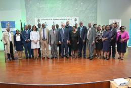 PS State Department for Science, Research and Innovation, Prof. Shaukat Abdulrazak, VC Prof. Ayub Gitau and UoN top administration pose for a photo at the Opening Ceremony of UoN Research Week at Chandaria Auditorium.