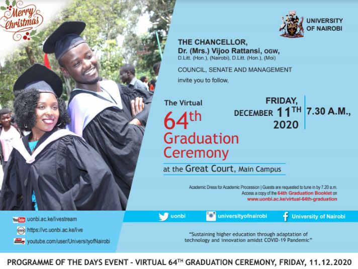  Invitation to the Virtual 64th Graduation Ceremony of University of Nairobi-Friday, December 11, 2020