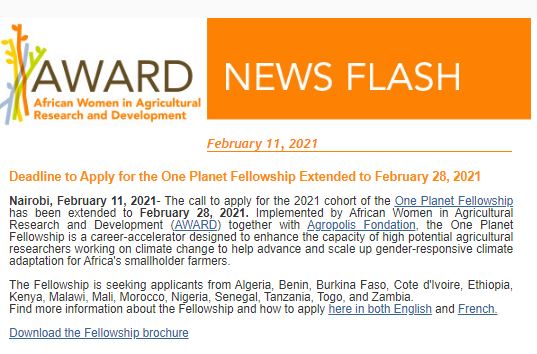  AWARD Newsletter: Deadline to Apply for the One Planet Fellowship Extended to February 28, 2021