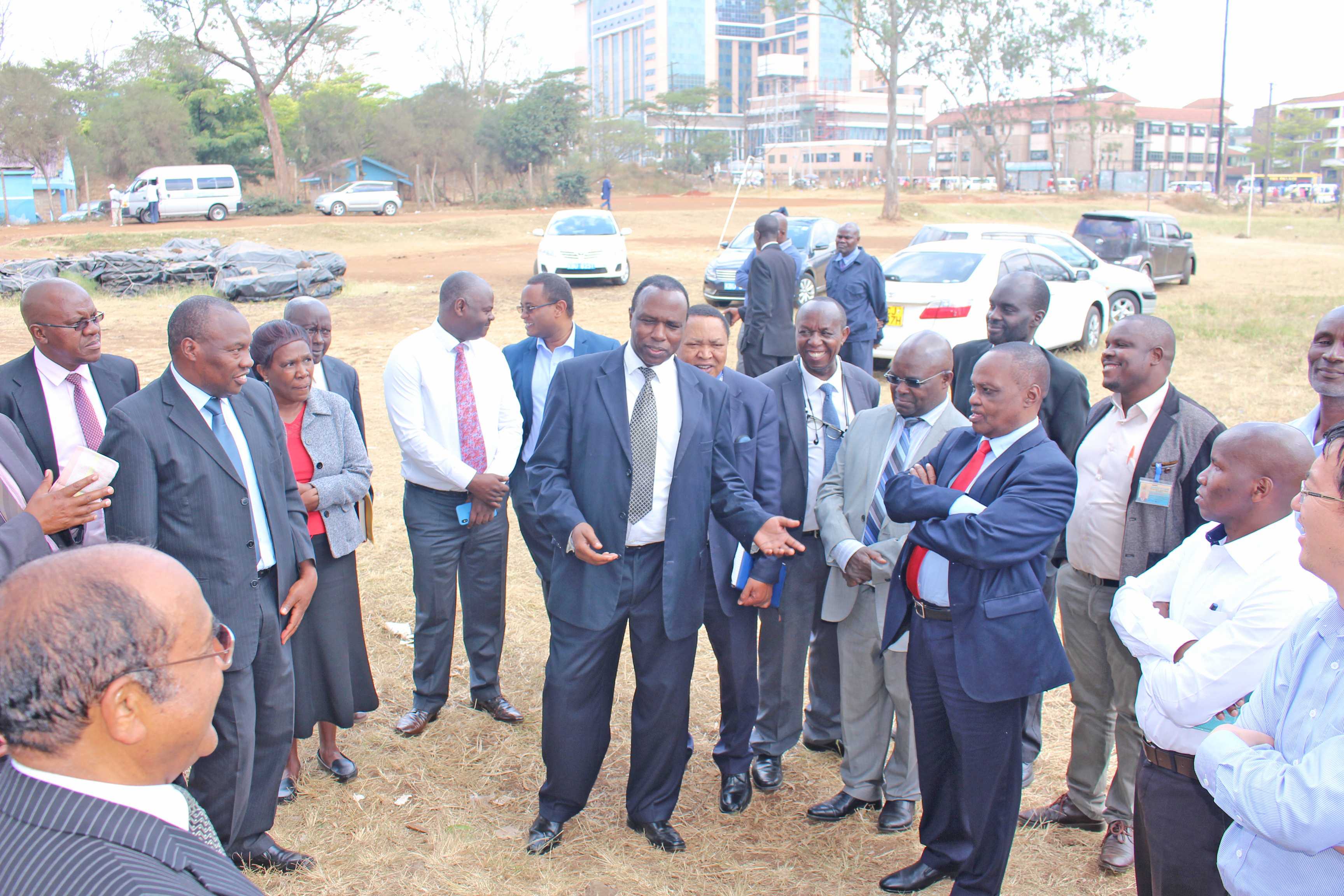 Official handover of the site for the construction of the kidney hospital by the University of Nairobi management led by acting Vice Chancellor Prof. Isaac Mbeche, College of Health Sciences Principal, Prof. James Machoki and officials from Kenyatta National Hospital, Ministry of Health and African Development Bank.