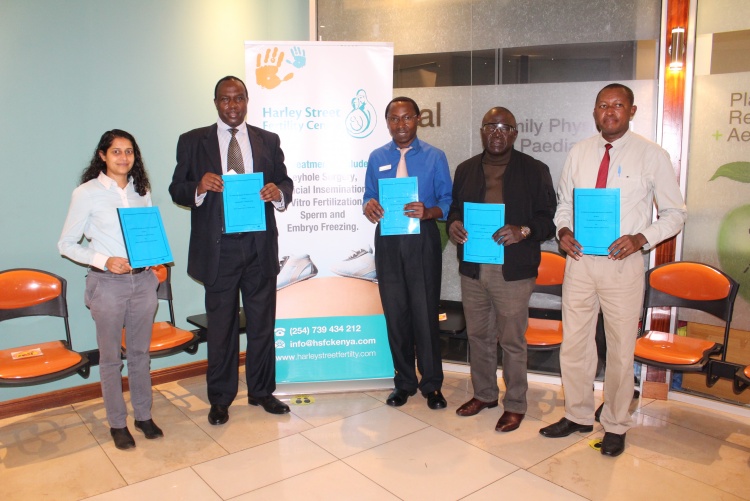 From left: HSFC KE Director, Ms Sweata Shah, CHS Principal, Prof. James Machoki, HSFC Consultant Gynaecologist and Fertility Specialist Dr. Alfred Murage, Prof. Omondi Ogutu, Chairman Department of Obstetrics and Gynaecology and Mr. Joseph Waigwi, Registrar CHS pose for a photo with the signed collaborative agreement. 