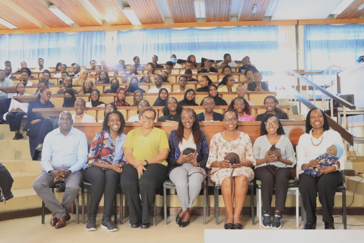 Associate Dean Undergraduate Studies Prof. Rose Kosgei with the speakers at the Breastfeeding bootcamp, Prof. Grace Irimu and students at the event.
