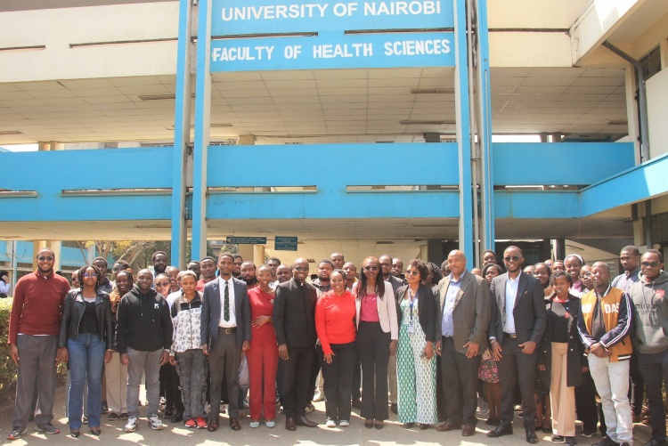 FHS Associate Dean, Undergraduate Studies, Prof. Rose Kosgei poses for a group photo with sixth-year FHS students and delegates from the CHAK affiliated hospitals.