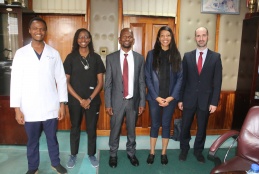 Representatives from the French Embassy Bernard Clutot and Laurence Mondesir pose for a photo with Faculty of Health Sciences Dean and officials of the French Club.