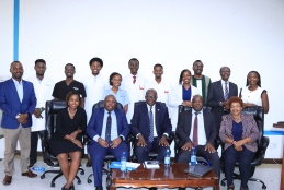 Director General for Health Dr. Patrick Amoth and KMPDC CEO and Registrar Dr. David Kariuki flunked by  KMPDC inspection committee members and FHS medical students.