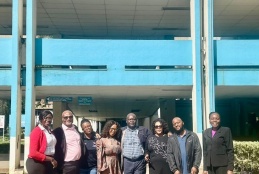 Associate Dean Undergraduate Studies, Prof. C.F Otieno, FHS Registrar Dr. Zipporah Magaki and FHS Coordinator of exchange programs, Ms. Beldine Ogutu flanked by the delegation from SMU at UoN-FHS campus.