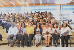 Associate Dean Undergraduate Studies Prof. Rose Kosgei with the speakers at the Breastfeeding bootcamp, Prof. Grace Irimu and students at the event.