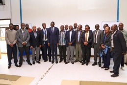 Dr. Ouma Oluga, Ps, State Department for Medical Services, flanked by Dean FHS Prof. Daniel Ojuka, Dr. Wesley Ronoh the CEO of Kenya BioVax Institute, the Chairman of Kenya vision 2030 board, Dr. Emmnuel Nzai, institutional leaders, FHS faculty members and other stakeholders. 