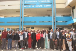 FHS Associate Dean, Undergraduate Studies, Prof. Rose Kosgei poses for a group photo with sixth-year FHS students and delegates from the CHAK affiliated hospitals.